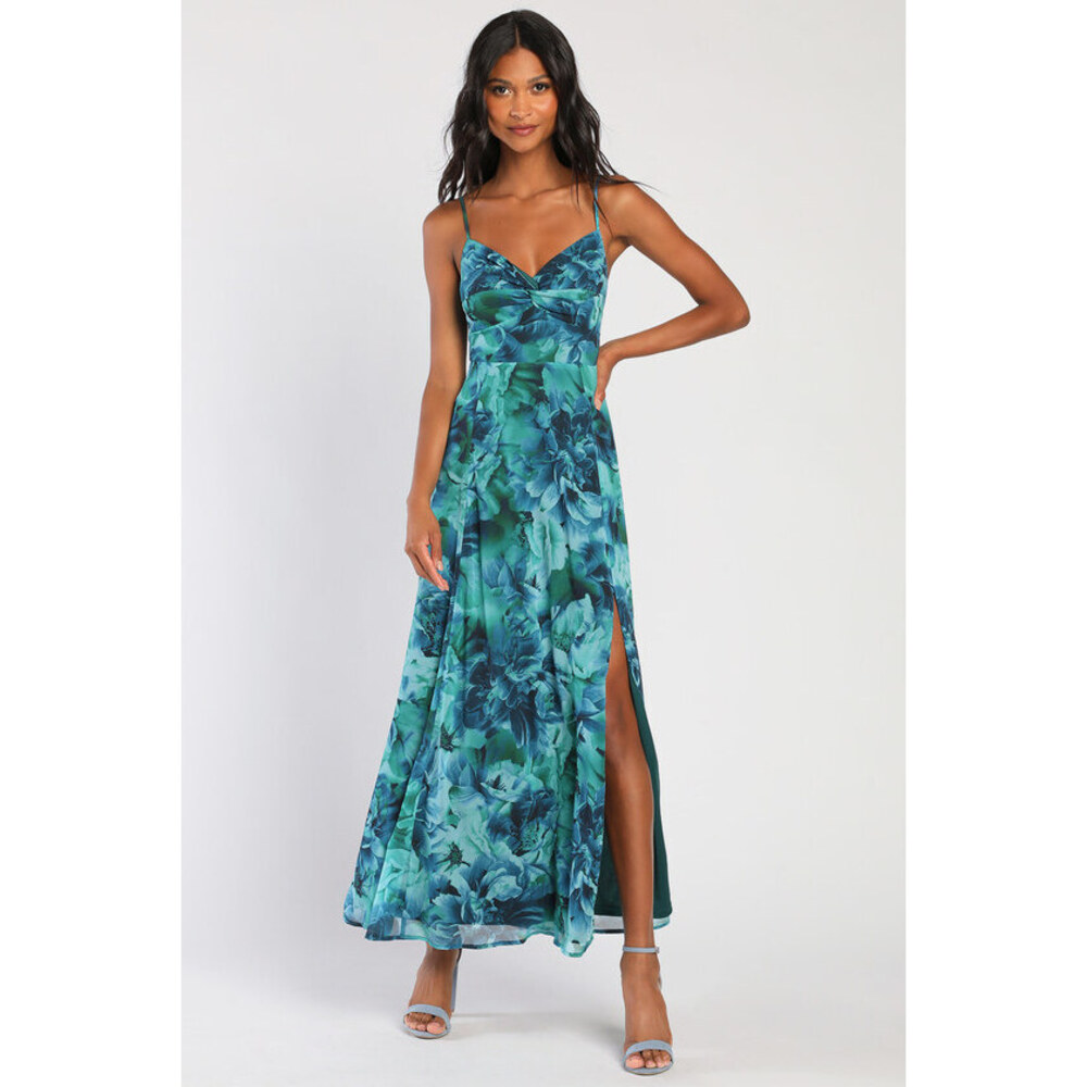 NWT Lulus Beautiful Soul Teal Green Floral Print Twist-front Maxi Dress - Size M